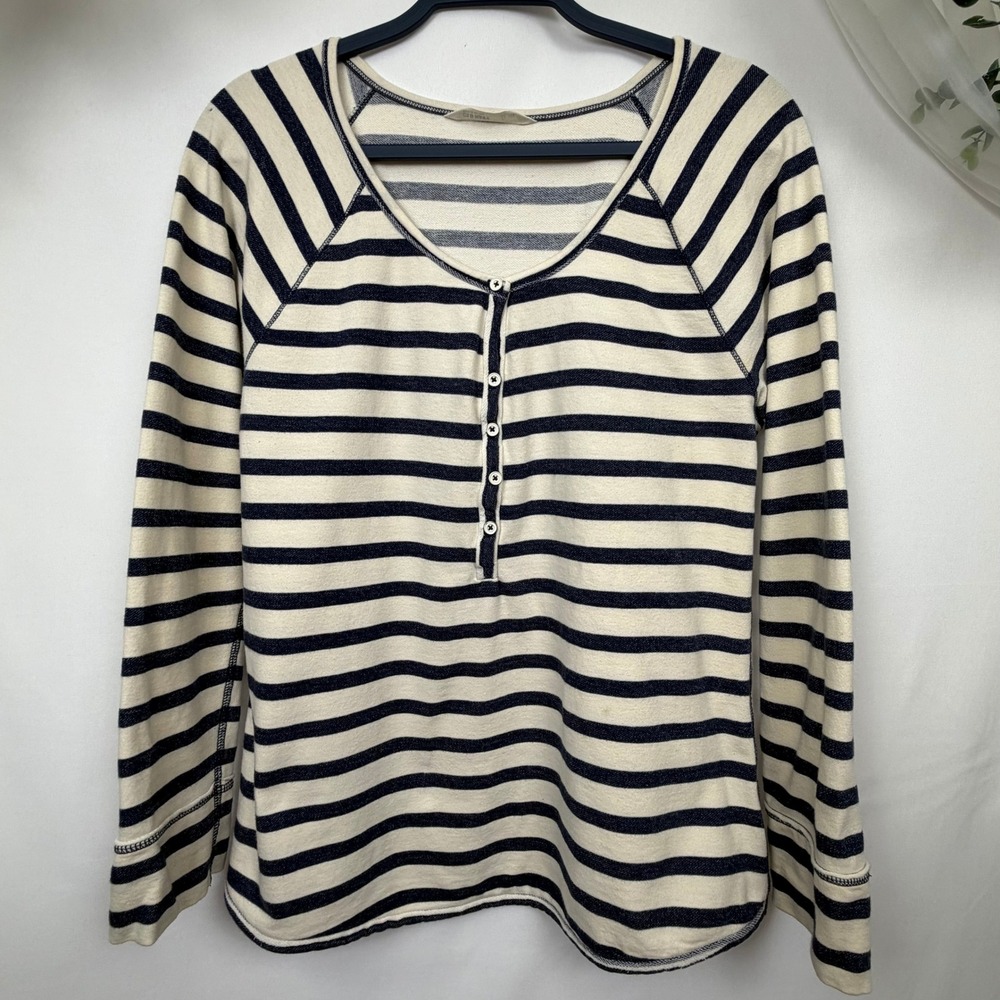 Old Navy Womens Large Blue Cream Striped Raglan Long Sleeve Henley Top